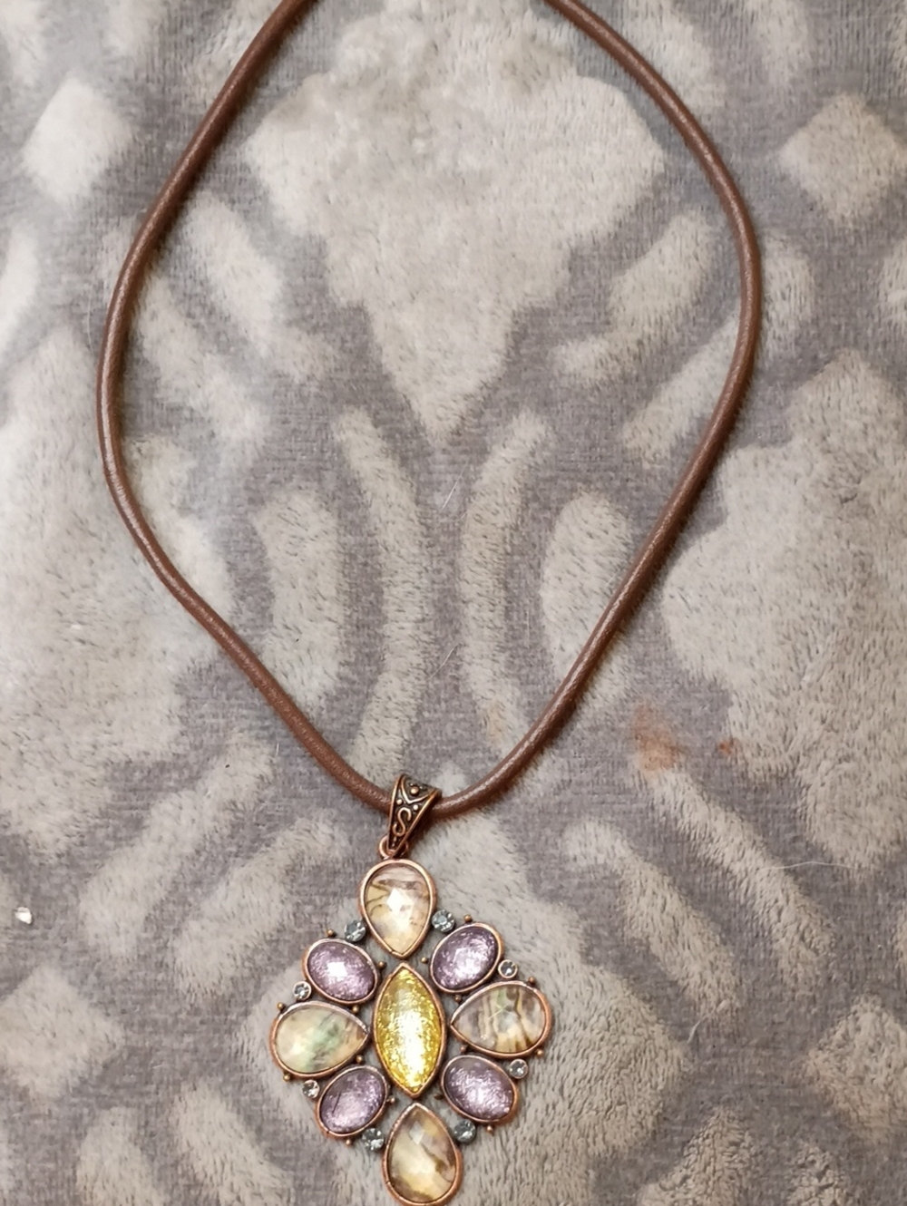 Brown Cord Necklace with Gold and Purple Gem Pendant